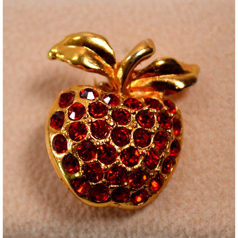 Vintage Gold Tone Apple Brooch Pin Red Rhinestones .75" x 1"